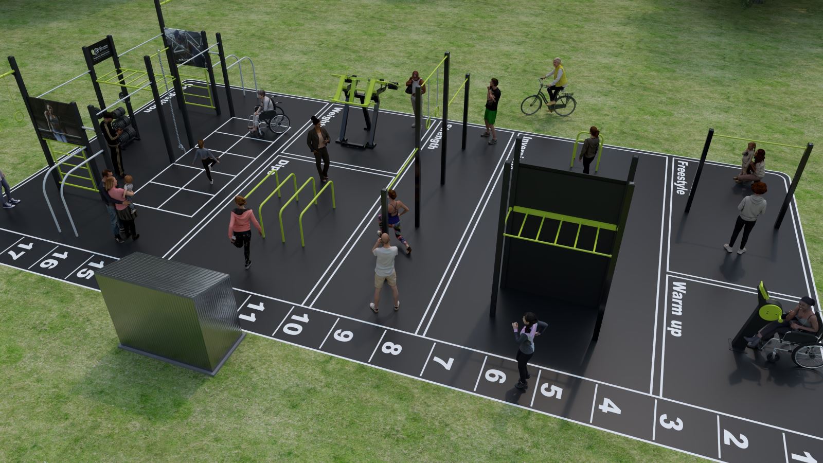 Outdoor fitness park equipment in a community park